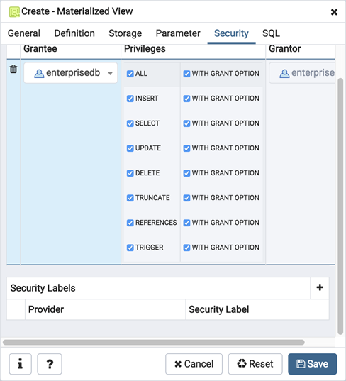 Materialized view dialog security tab