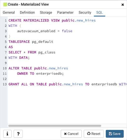 Materialized view dialog sql tab