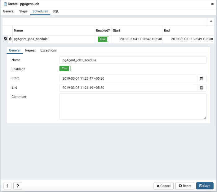 pgAgent dialog schedules definition tab