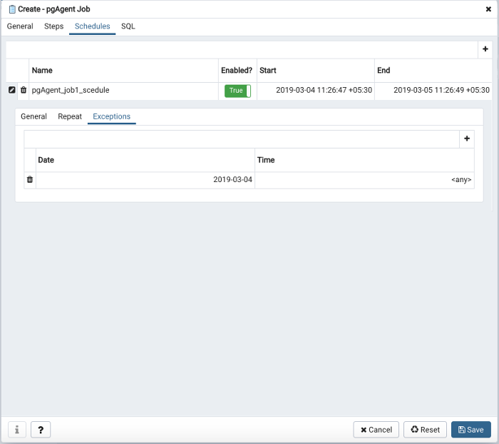 pgAgent dialog schedule exceptions tab