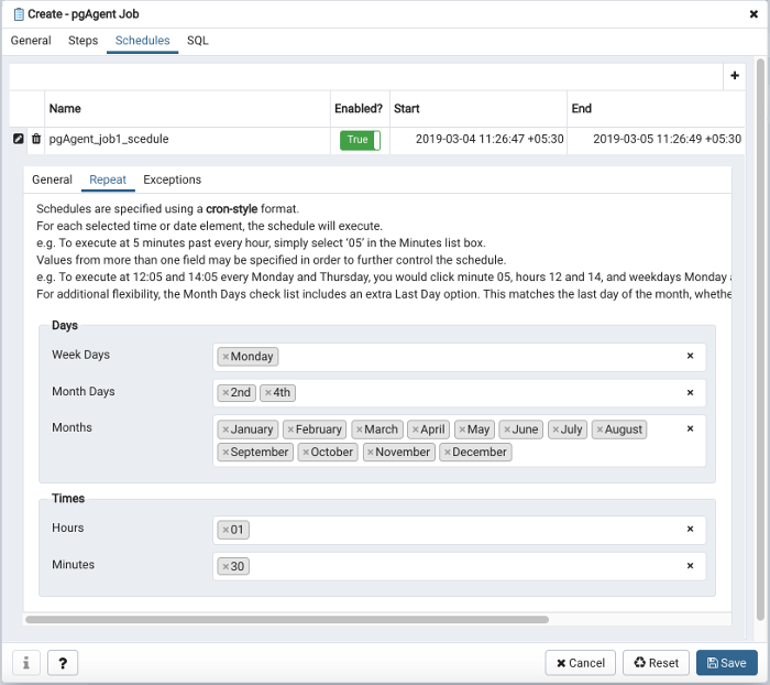 pgAgent dialog schedule repeat tab