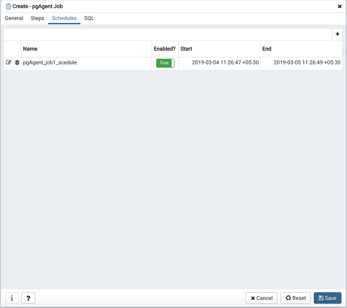 pgAgent dialog schedules tab