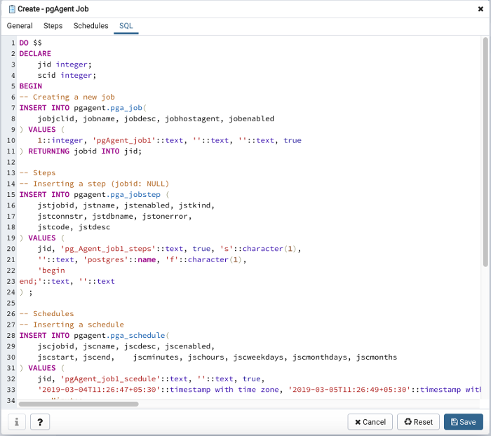 pgAgent dialog sql tab