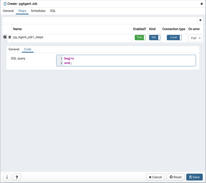 pgAgent dialog step definition code tab