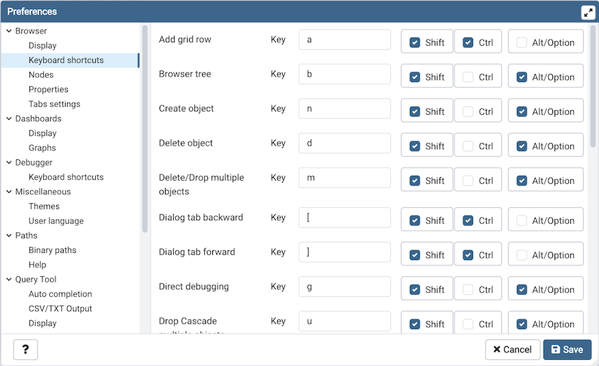 Preferences dialog browser keyboard shortcuts section