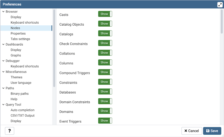 Preferences dialog browser nodes section