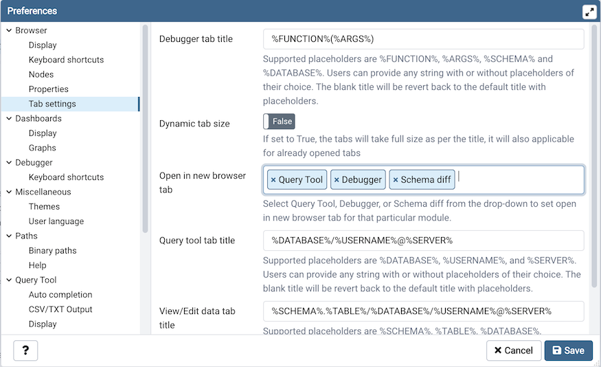 Preferences dialog browser properties section