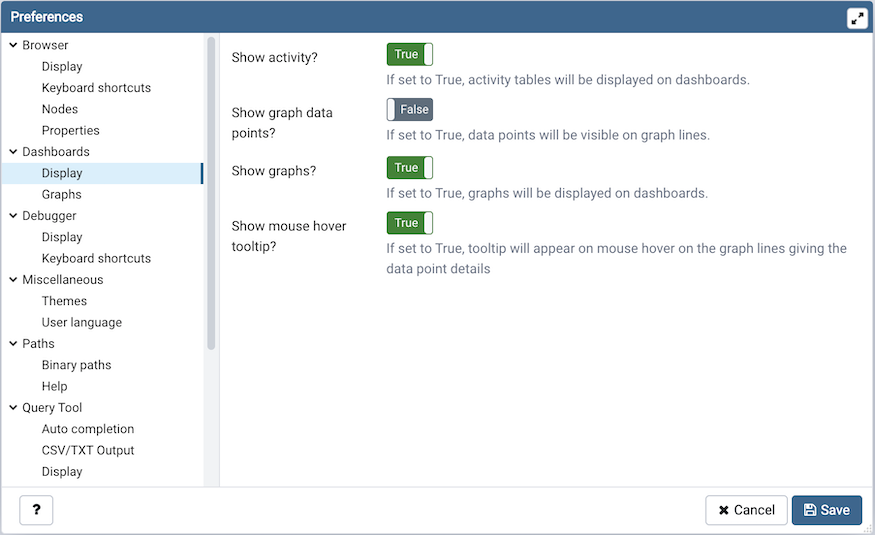 Preferences dialog dashboard display options