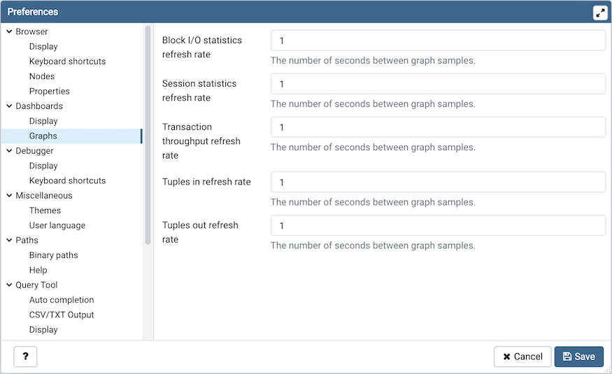 Preferences dialog dashboard graph options