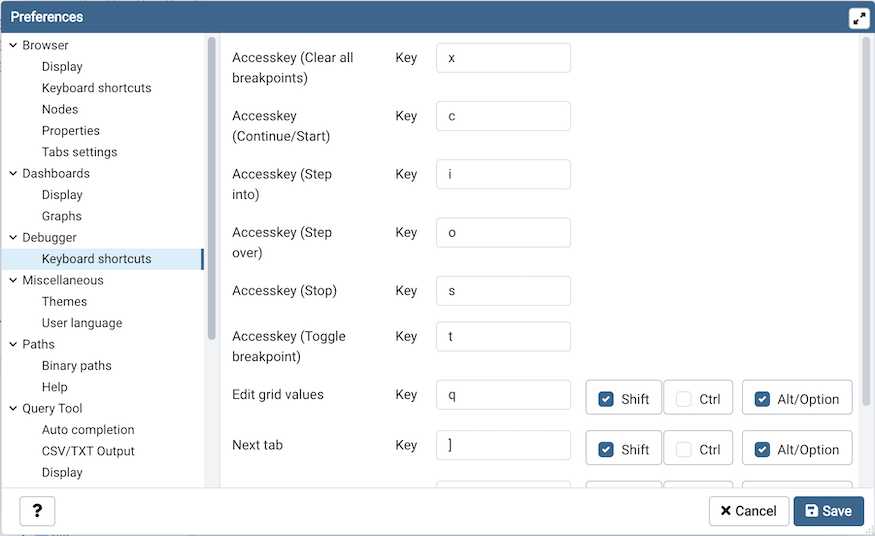 Preferences dialog debugger keyboard shortcuts section