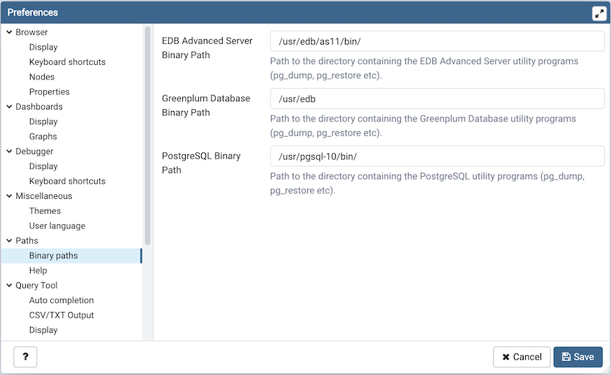 Preferences dialog binary path section