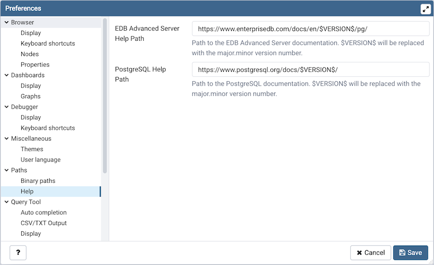 Preferences dialog binary path help section