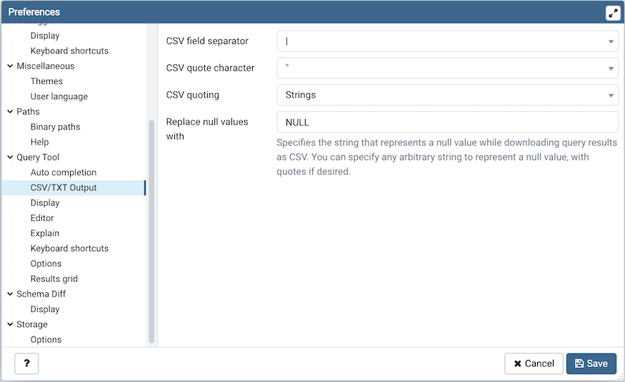 Preferences dialog sqleditor csv output option