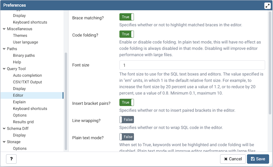 Preferences dialog sqleditor editor settings