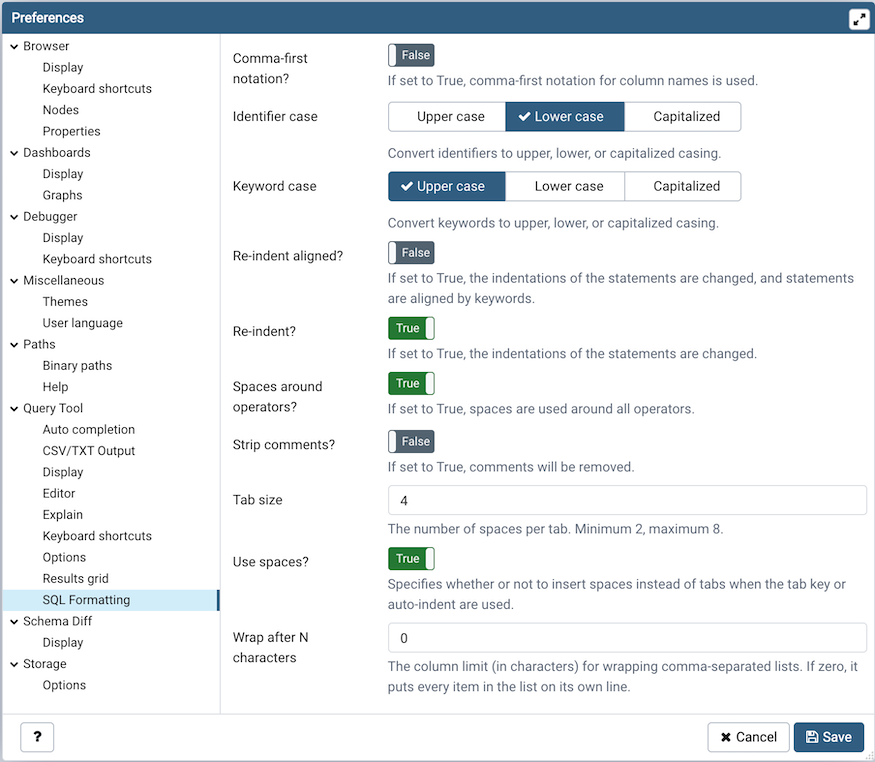 Preferences dialog SQL Formatting section