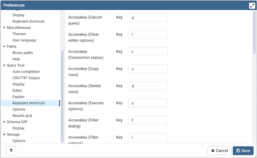 Preferences dialog sql keyboard shortcuts section