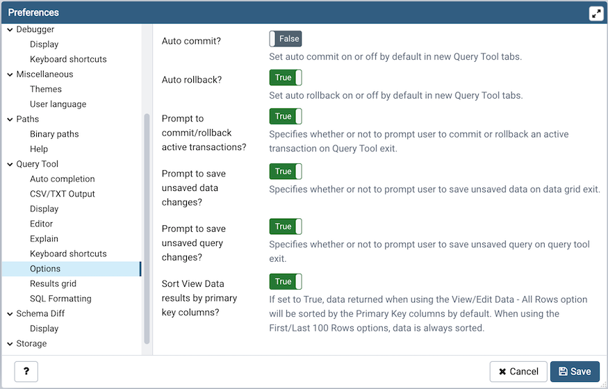 Preferences dialog sqleditor options section