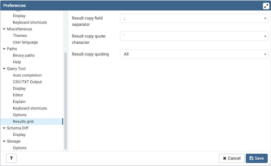 Preferences dialog sql results grid section