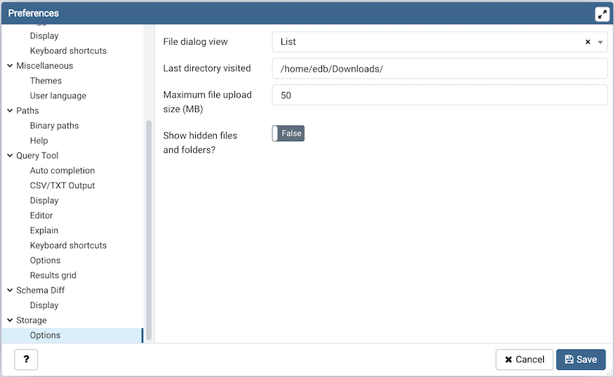 Preferences dialog storage section