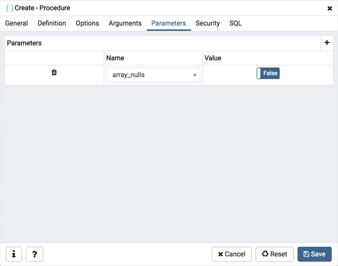 Procedure dialog parameters tab