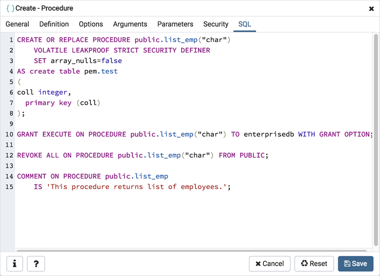 Procedure dialog sql tab