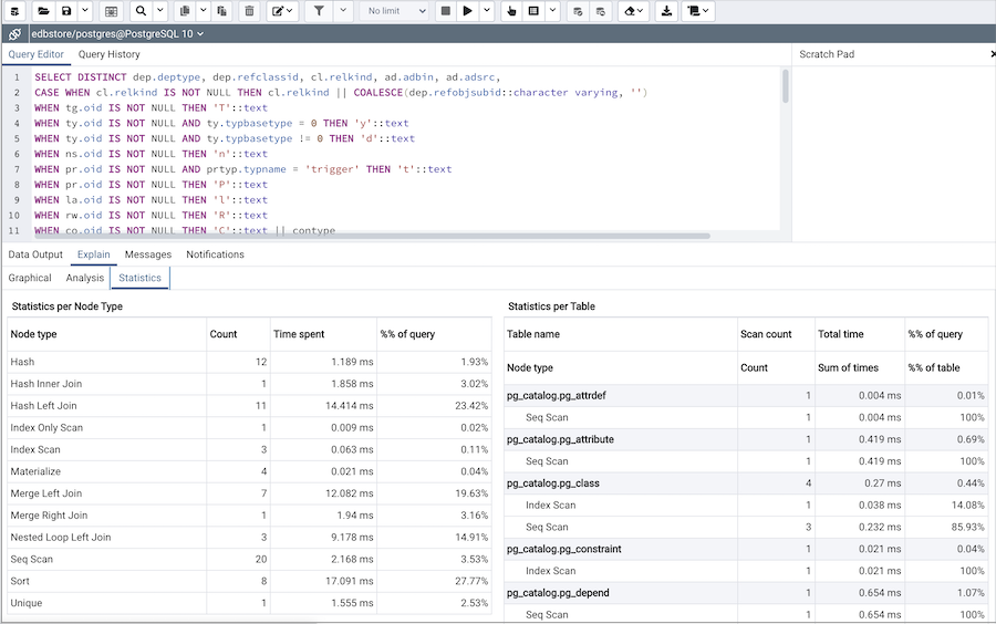 Query tool explain plan statistics