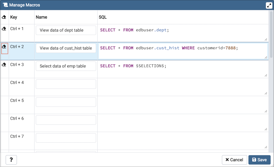 Query Tool Manage Macros clear the row