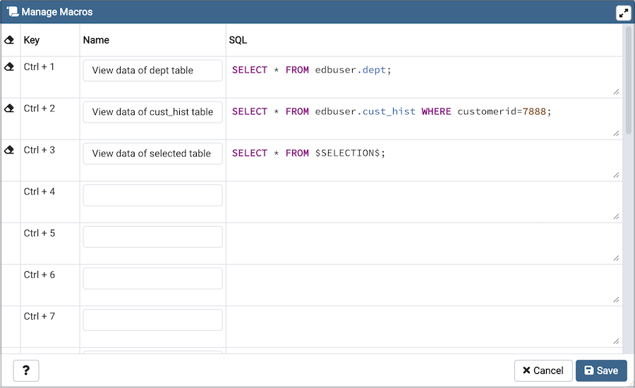 Query Tool Manage Macros dialogue