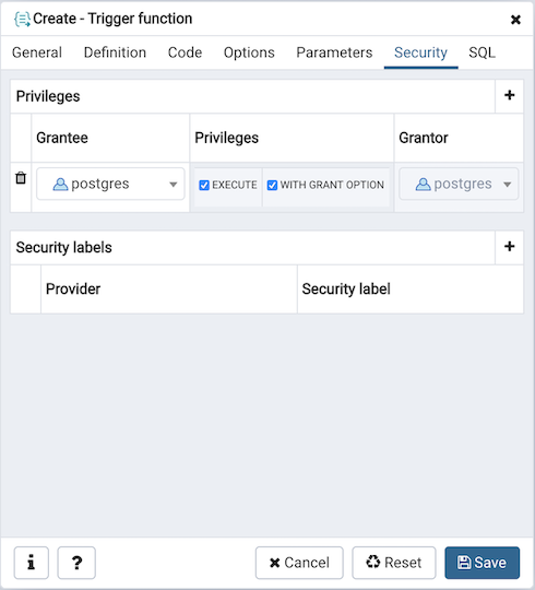 Trigger function dialog security tab