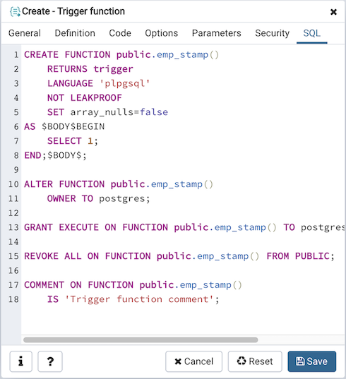 Trigger function dialog sql tab