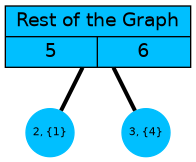 graph G {
  G [shape=record;style=filled;fillcolor=deepskyblue;
   label="{Rest of the Graph  {<5> 5  <6> 6}}"; pos="2.5,1!"];
  2,3 [shape=circle;fontsize=8;fixedsize=true;style=filled];
  2,3 [color=deepskyblue];
  2 [label="2, {1}"]; 3 [label="3, {4}"];
  {G:5,G:6} -- {2,3} [weight=1, penwidth=3];
  2 [pos="2,0!"]; 3 [pos="3,0!"];
}